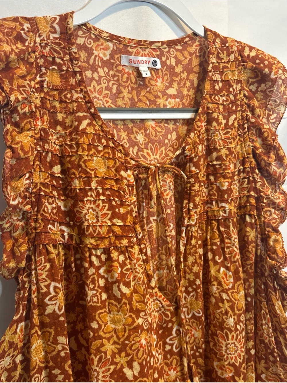 Sundry Rust and Mustard Floral Ruffle Tie-Front Sleeveless Blouse - Picture 3 of 9